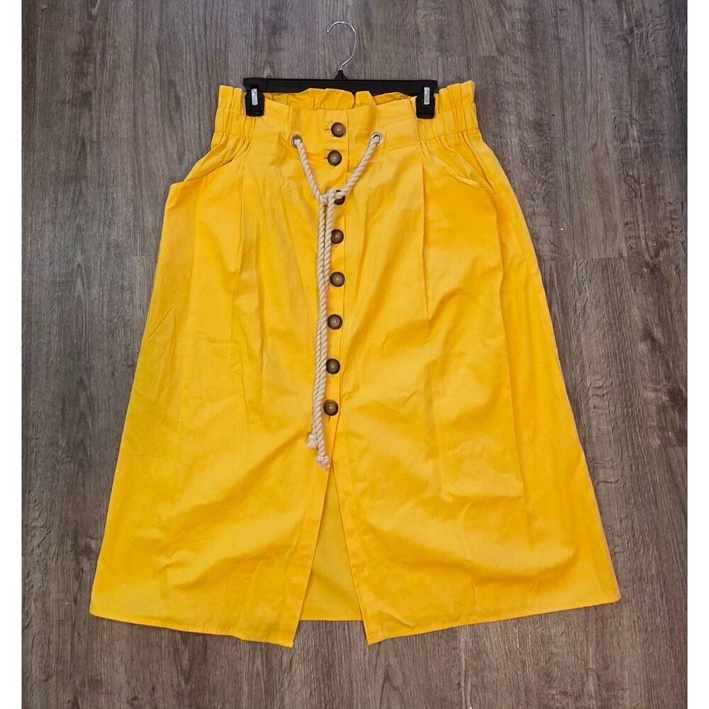 yellow cotton midi skirt boho elastic waist lined w decorative buttons and rope